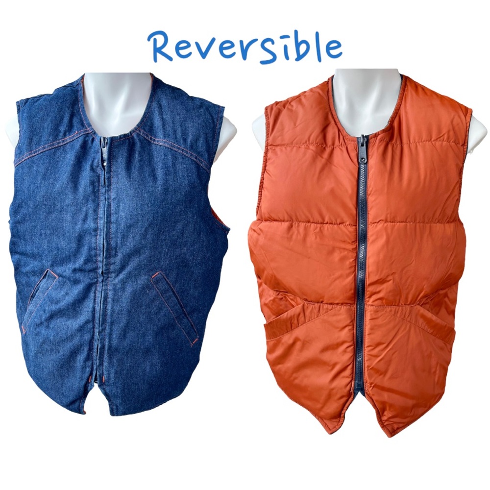 Reversible Eddie Bauer Denim & Orange Nylon Goose Down Puffer Vest